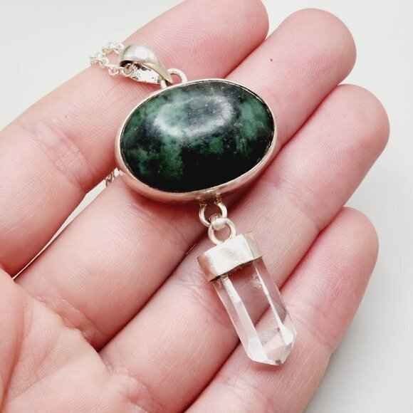 Black Green Zoisite Crystal Druzy Drop Boho 925 Sterling Silver Necklace - Picture 7 of 7